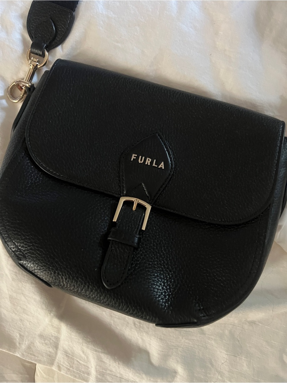Furla Black Pebbled Leather Saddle Crossbody with Gold Hardware